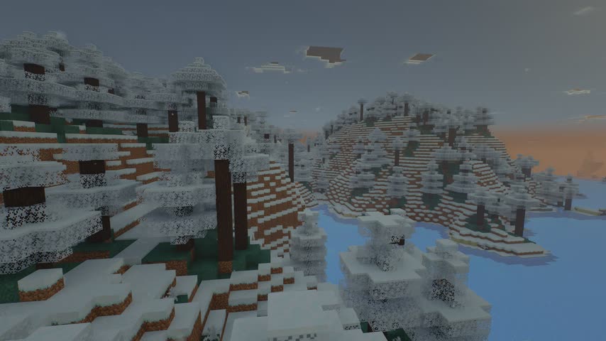 A snowy forest by a frozen lake