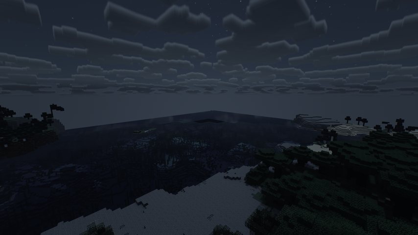 A clear night with stars, a nebula and moonlight on the terrain