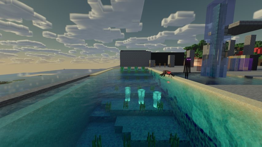 A pool at sunset with a waterfall, caustics on the floor and glowing sea pickles