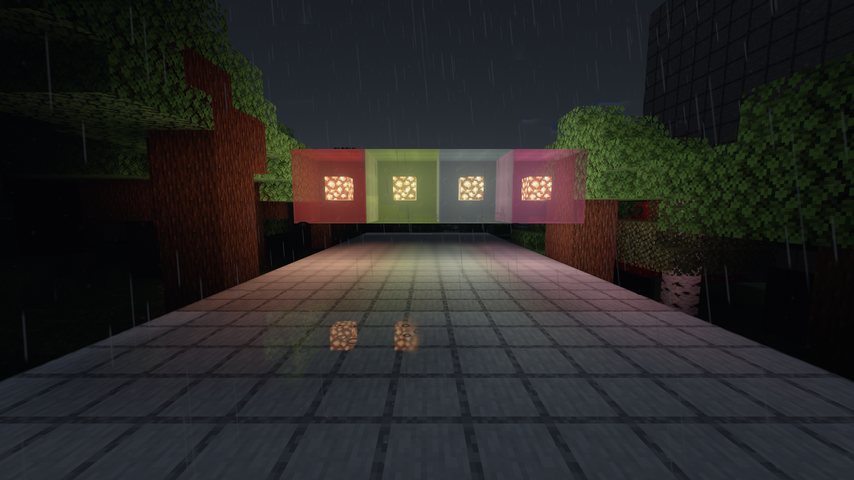 A rainy night hall lit by stained glass and lanterns